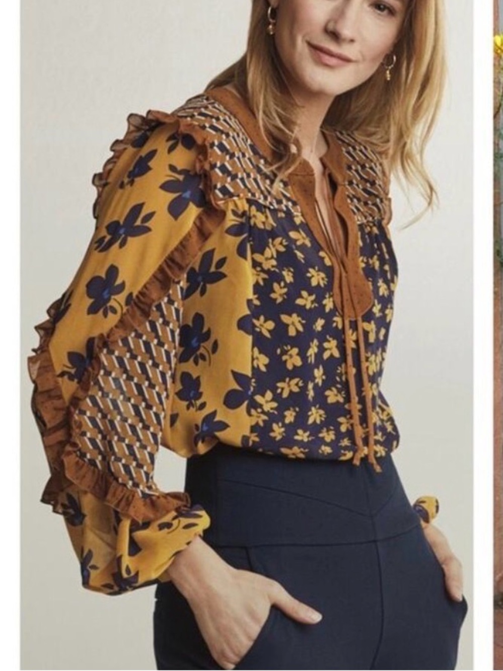 Cabi Navy and Mustard Floral Ruffle Blouse Sz S
